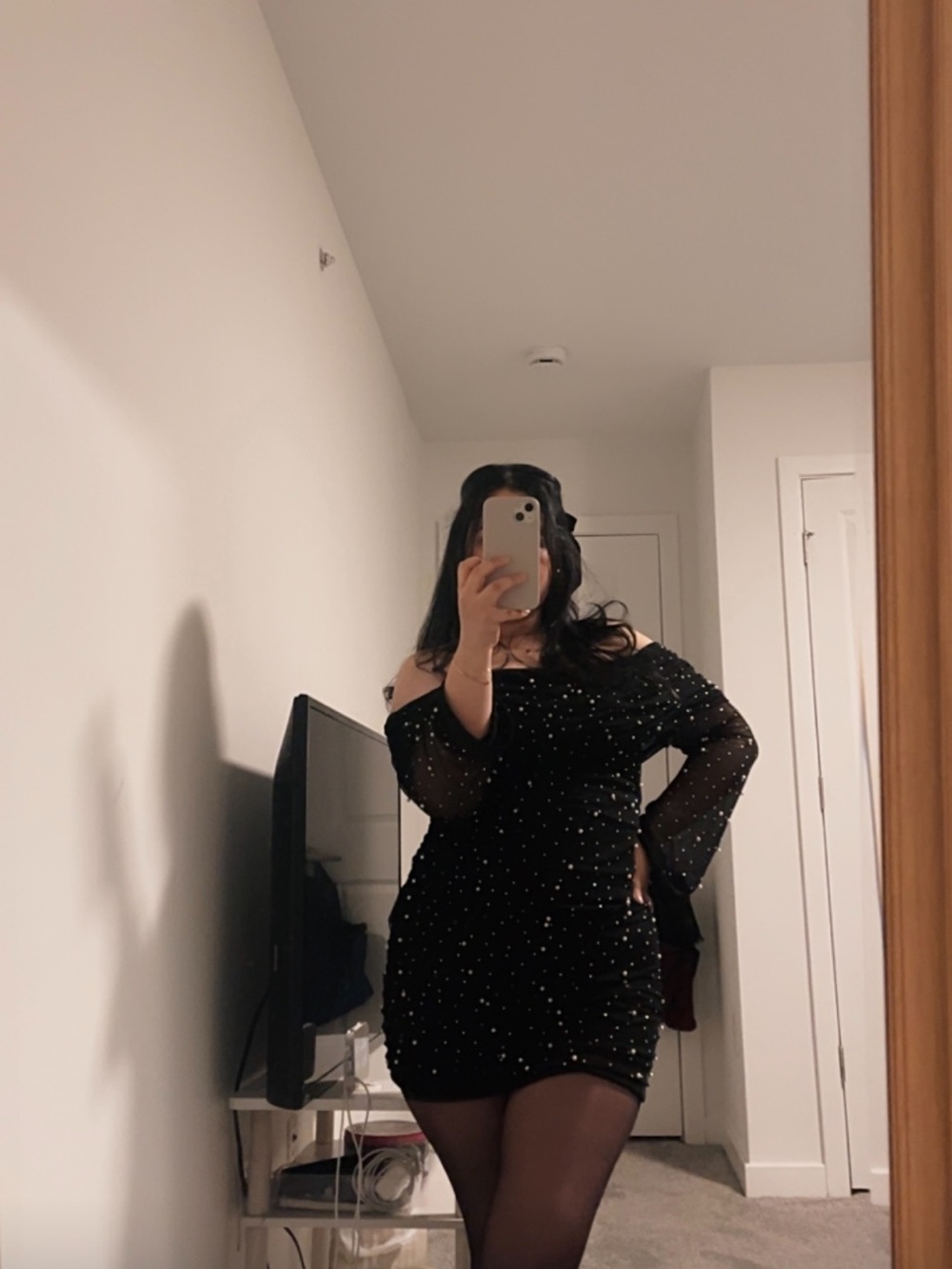 Black Off-Shoulder Sparkle Mini Dress